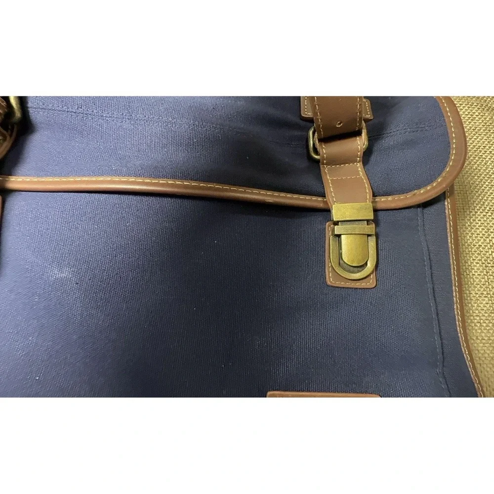 Tommy Hilfiger Navy Canvas Double Flap Over Messenger Bag Leather Business Case